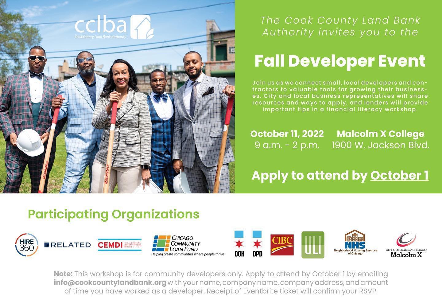 .

#repost @cookcountylandbankauthority 

Apply to join us for the Land Bank’s Fall Developer Event on October 11! Network with local professionals and get connected to valuable resources to grow your business, and how the Land Bank can help. How to register: By 10/1, email info@cookcountylandbank.org with your name, company name, company address, and amount of time you have worked as a developer or contractor. Can’t wait to see you on 10/11! #landbank #landbanking #networking #professionalevent #cookcountyprofessionals #chicagosmallbusiness